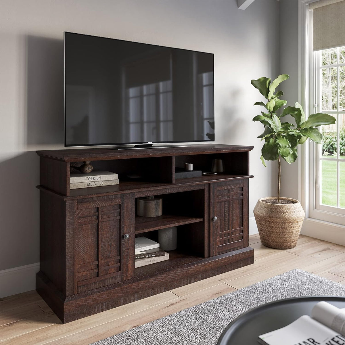 Modern Farmhouse Electric Fireplace TV Stand with Open Storage Shelves & Cabinets J1924