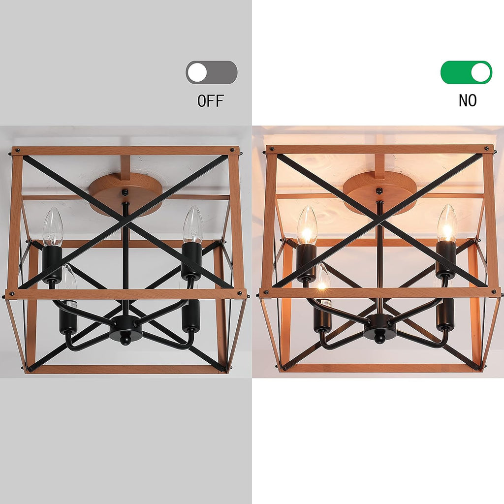 Retro Semi Flush Mount 4-Light Rectangle Wood Ceiling Light Fixture Q7504
