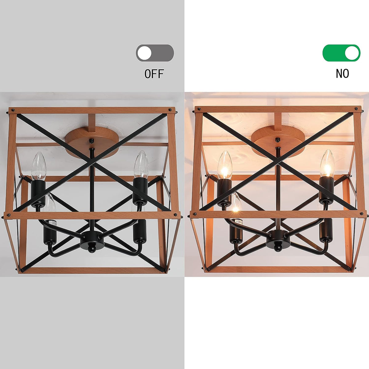Retro Semi Flush Mount 4-Light Rectangle Wood Ceiling Light Fixture Q7504