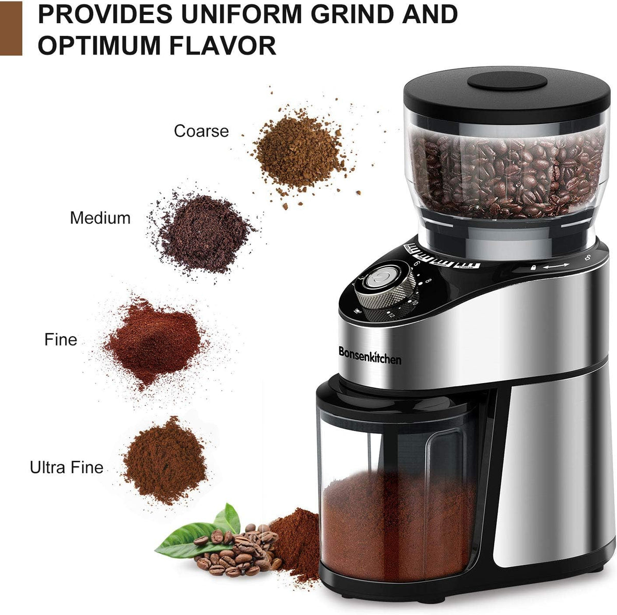 Stainless Steel Electric Conical Burr Coffee Grinder with 12 Grind Settings V24055