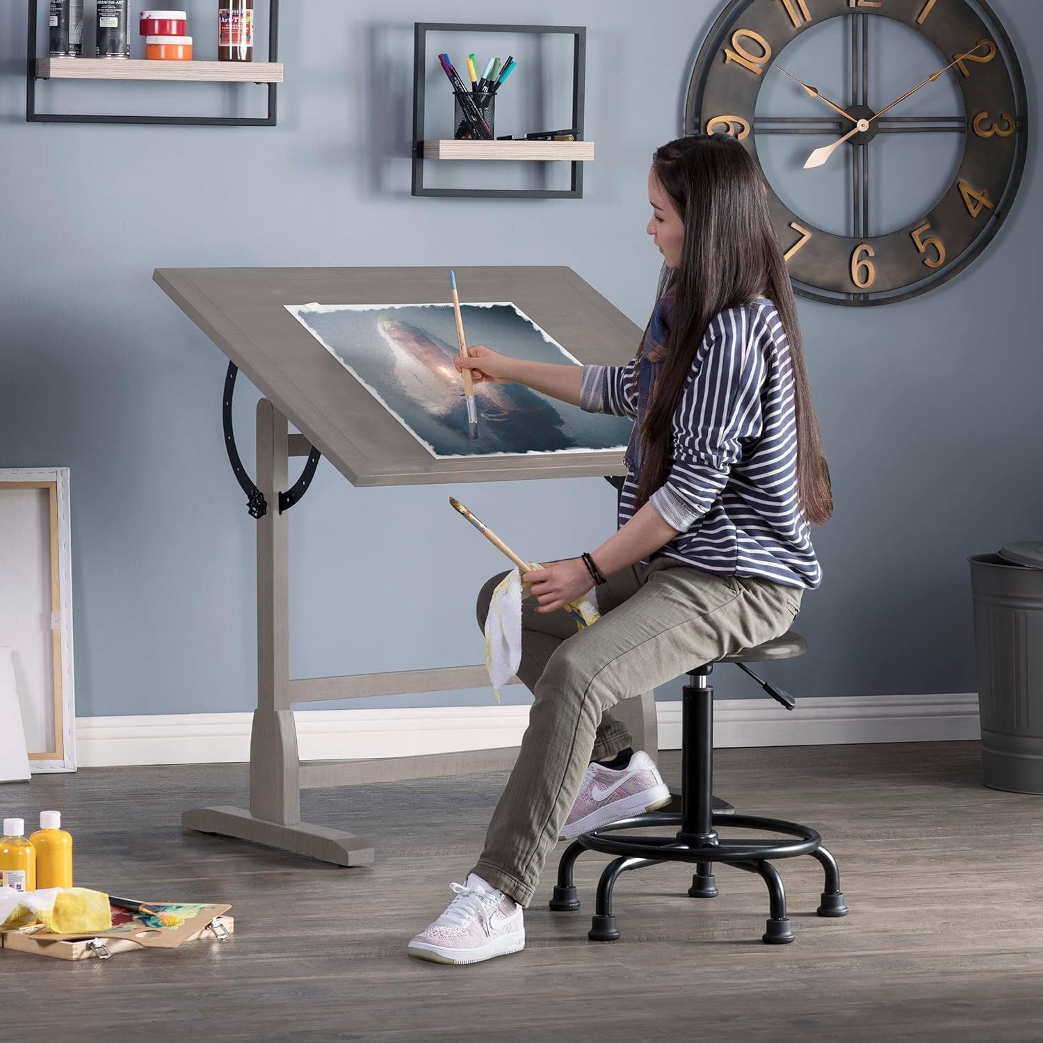 Vintage Drawing Drafting Table with Pencil Ledge - 36" W x 24" D - Slate Gray - Adjustable Tilting Top I803059