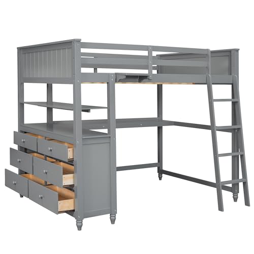 Gray Twin Loft Bed with Storage Cabinet and Desk D454795