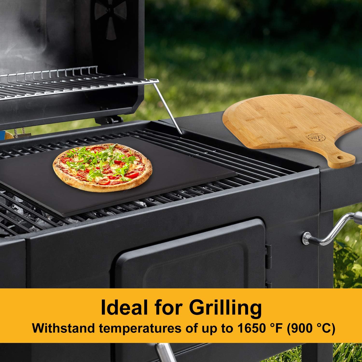 Black Cordierite Ceramic Coated Pizza Stone Pan Set with Bamboo Pizza Peel & Pizza Cutter W38336