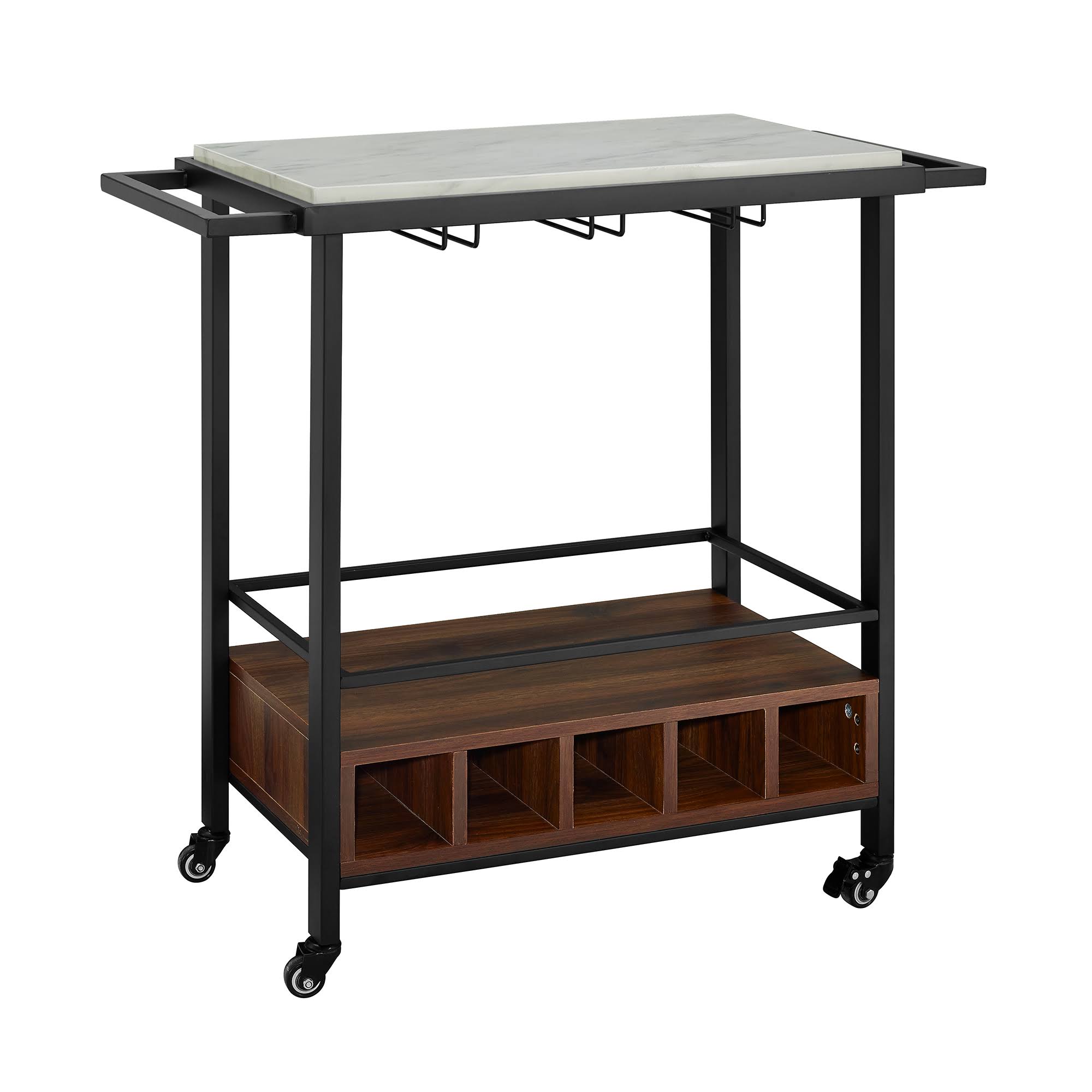 Faux White Marble Dark Walnut Serving Bar Cart L35025