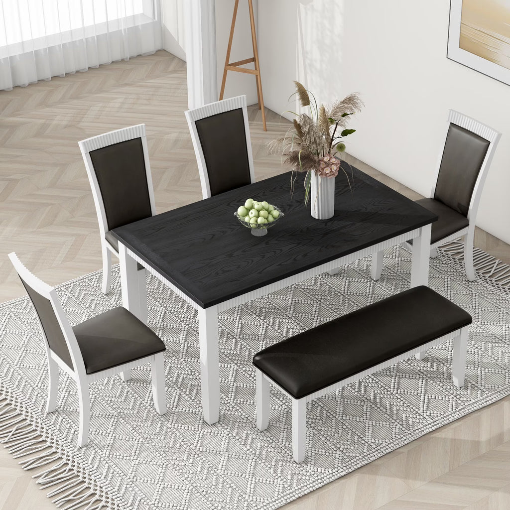 White Solid Wood 6-Piece Dining Table Set with PU Leather Chairs and Bench P29634
