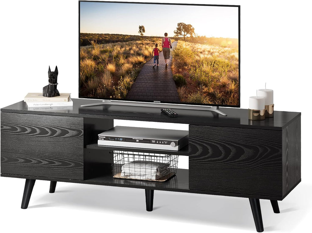 Gray Oak TV Stand with Storage Cabinet and Open Shelves R9937