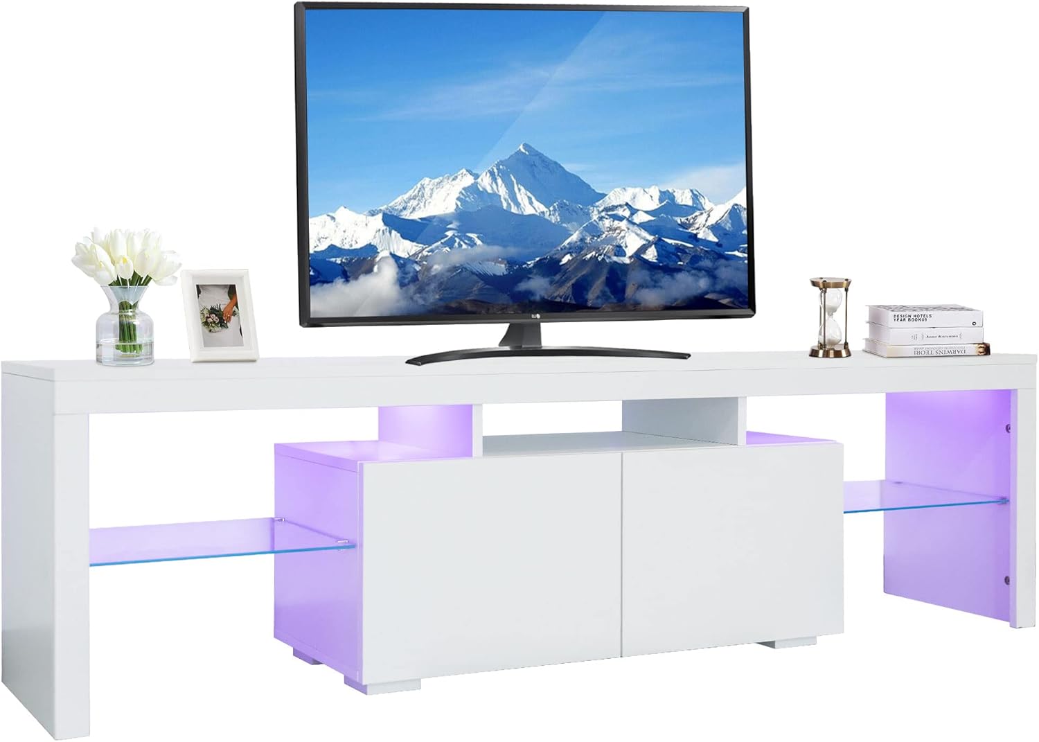 White High Gloss TV Stand with LED Lights and Storage Drawers I34694