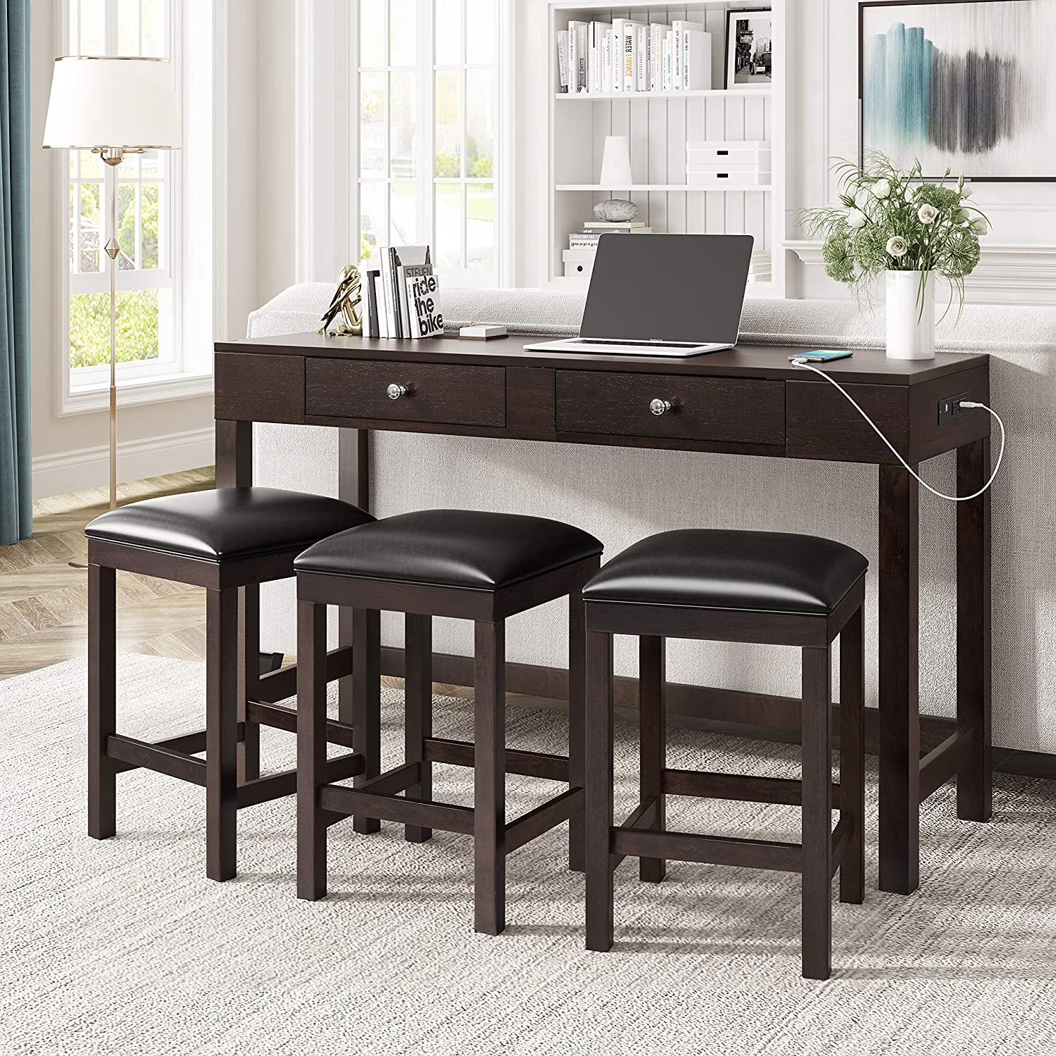 4-Piece Counter Height Dining Table Set with 3 PU Leather Padded Stools Espresso B54260