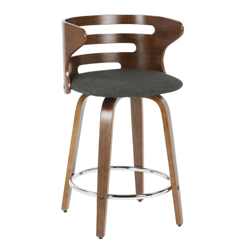 Mid-Century Modern Counter Stool With Swivel In Walnut And Charcoal Fabric - Set Of 2 J9933