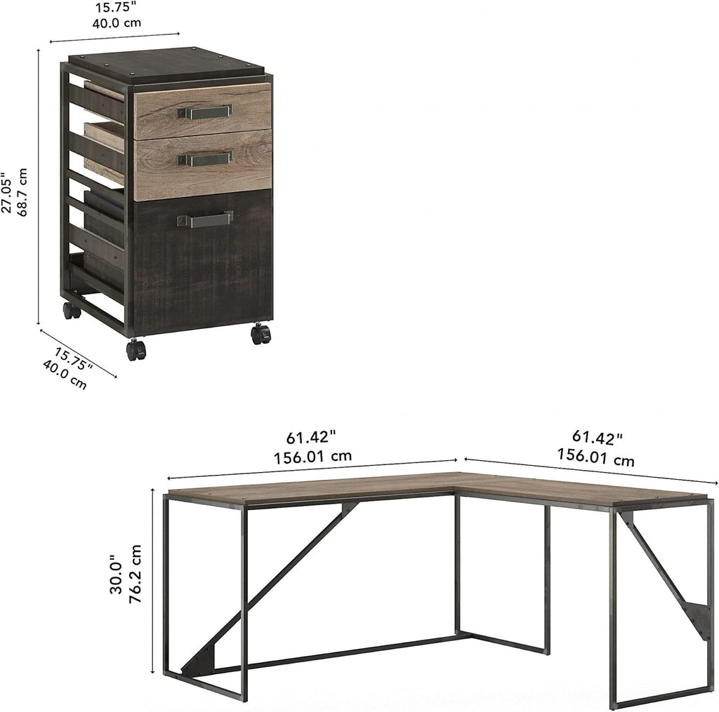 Rustic Gray L Shaped Desk with 3 Drawer Mobile File Cabinet V9260