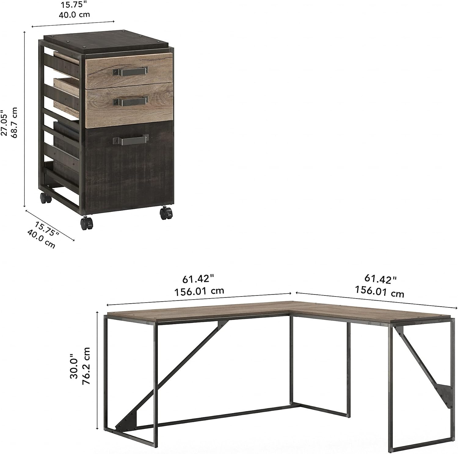 Rustic Gray L Shaped Desk with 3 Drawer Mobile File Cabinet V9260