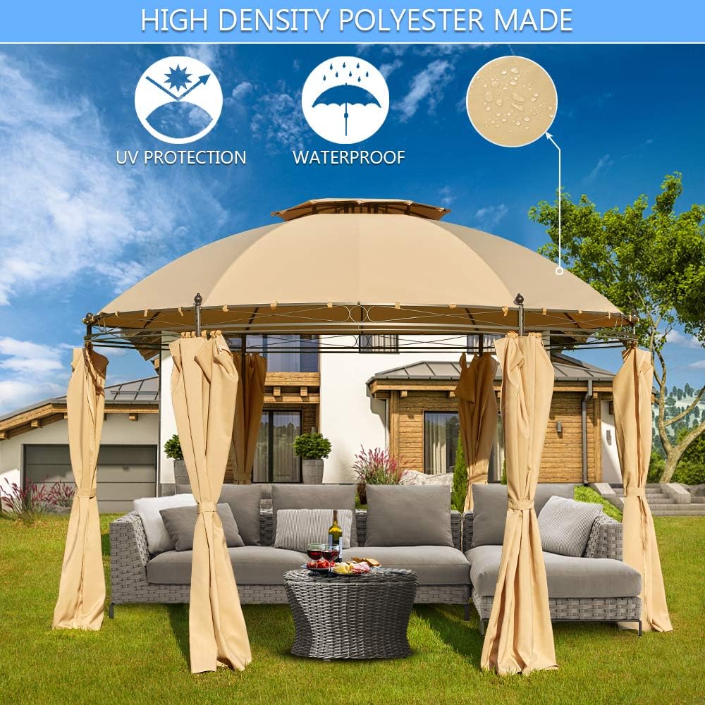 Beige Hexagonal Steel Frame Gazebo with Lift Shade Curtains T9373