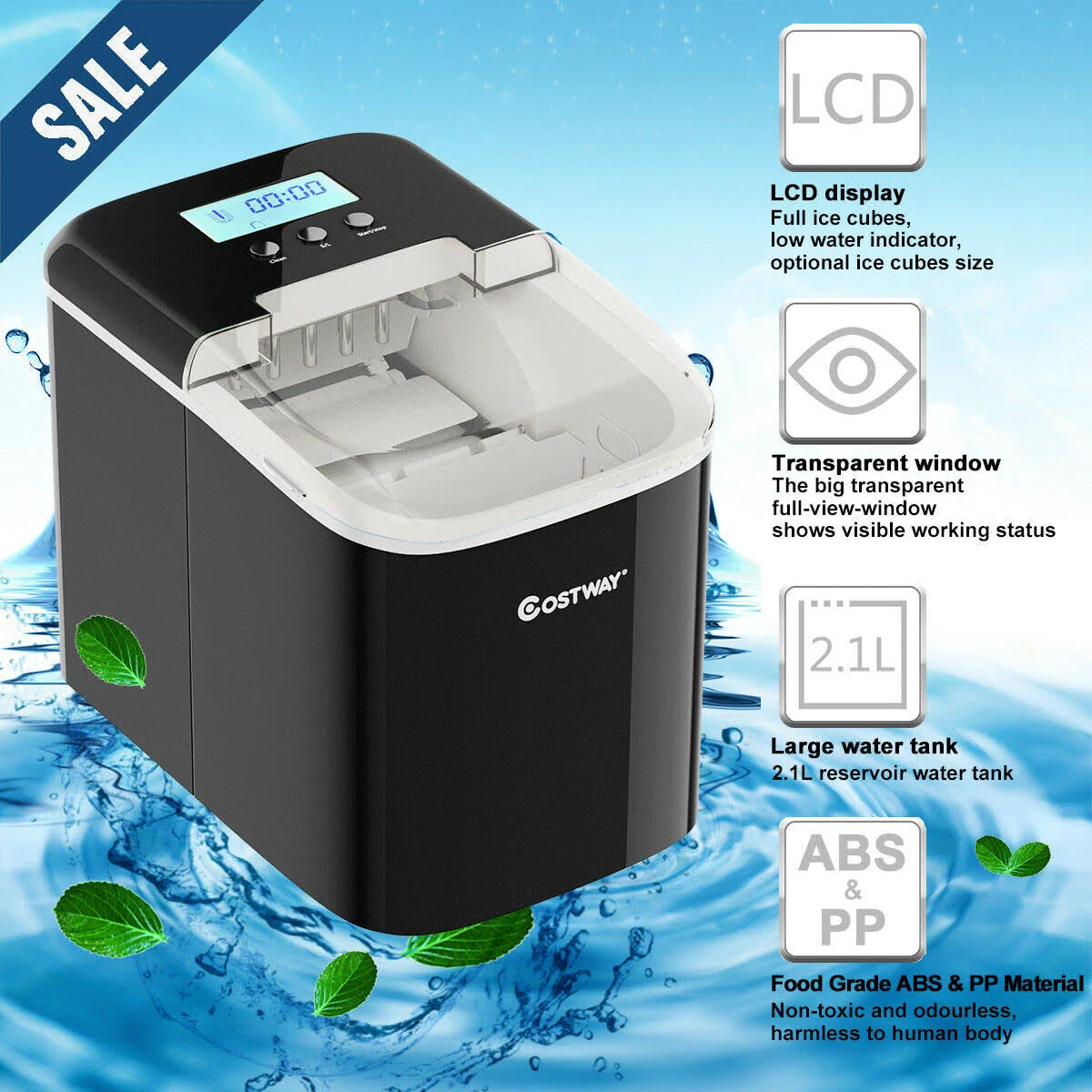 Black Countertop LCD Display Ice Maker with Ice Scoop J798455