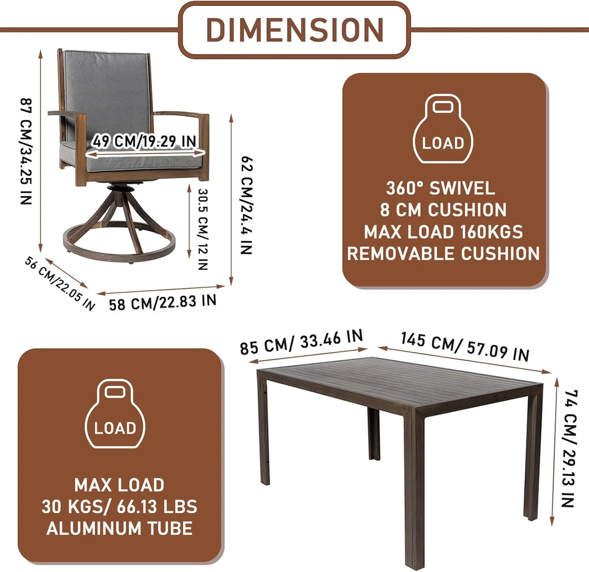 7 Piece Aluminum Outdoor Dining Set with 6 Swivel Chair Padded Cushion W5676