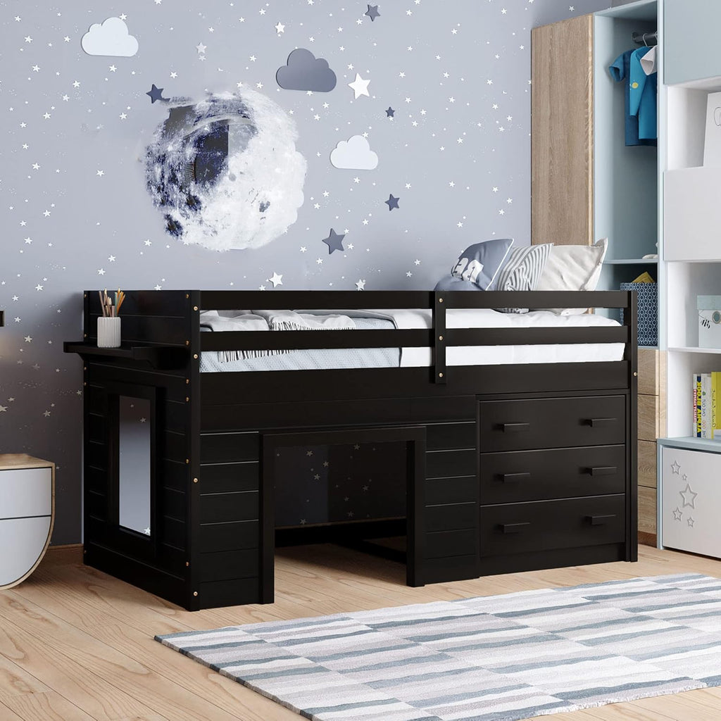 Twin Size Loft Bed with Desk and Storage Cabinet V3865