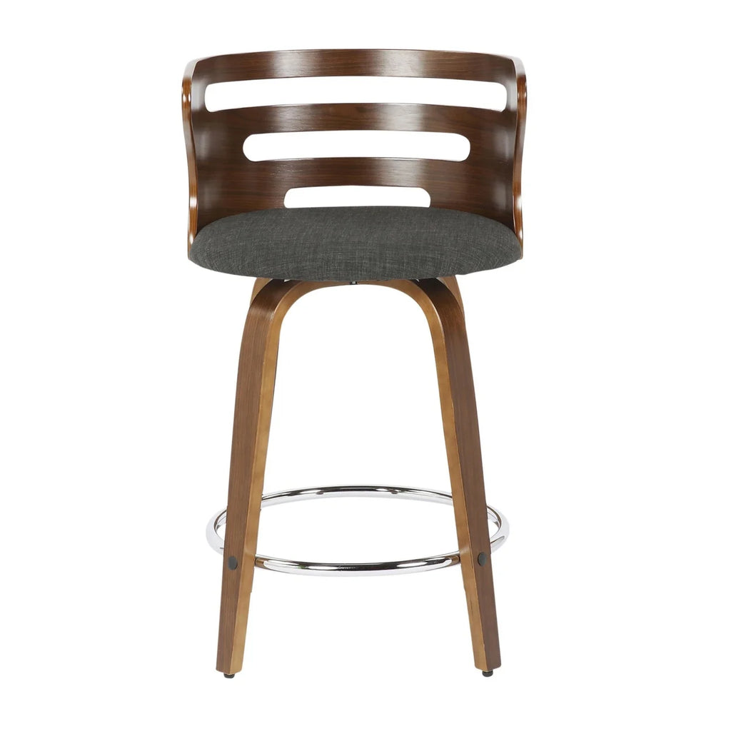 Mid-Century Modern Counter Stool With Swivel In Walnut And Charcoal Fabric - Set Of 2 J9933