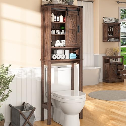 68" Tall Over The Toilet Storage Cabinet with Sliding Barn Door and Adjustable Shelves A469