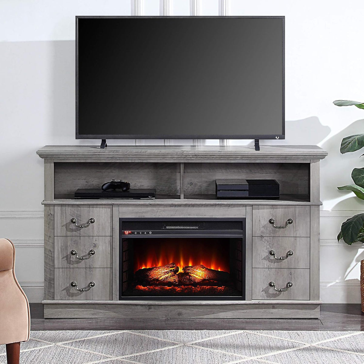 Modern Farmhouse Electric Fireplace TV Stand with Open Storage Shelves & Cabinets J1924