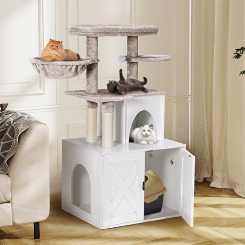 White Wooden Cat Litter Box Enclosure with Cat Tree Tower and Condo I716854