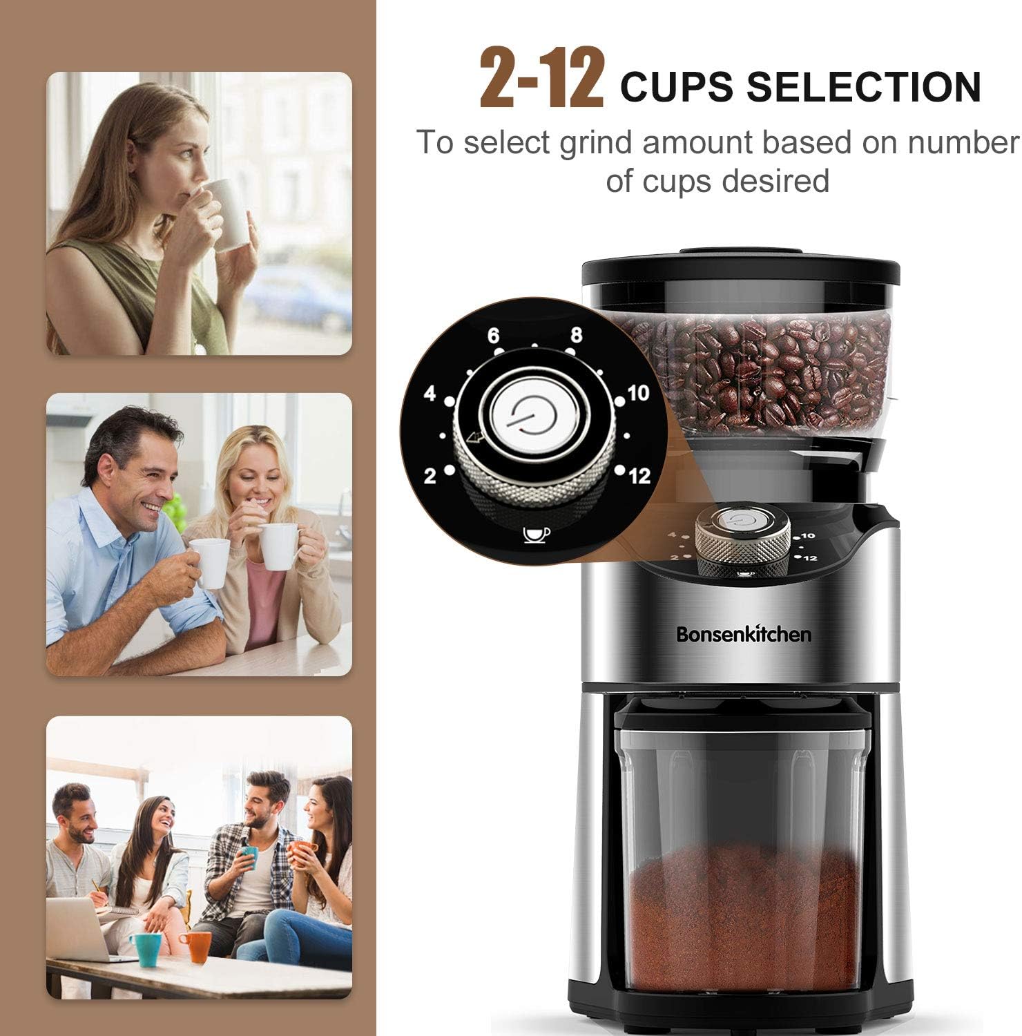 Stainless Steel Electric Conical Burr Coffee Grinder with 12 Grind Settings V24055