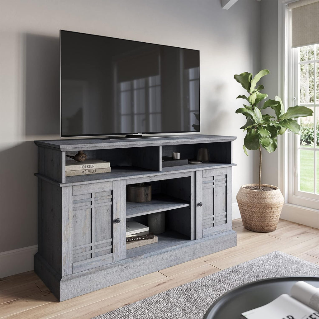 Modern Farmhouse Electric Fireplace TV Stand with Open Storage Shelves & Cabinets J1924