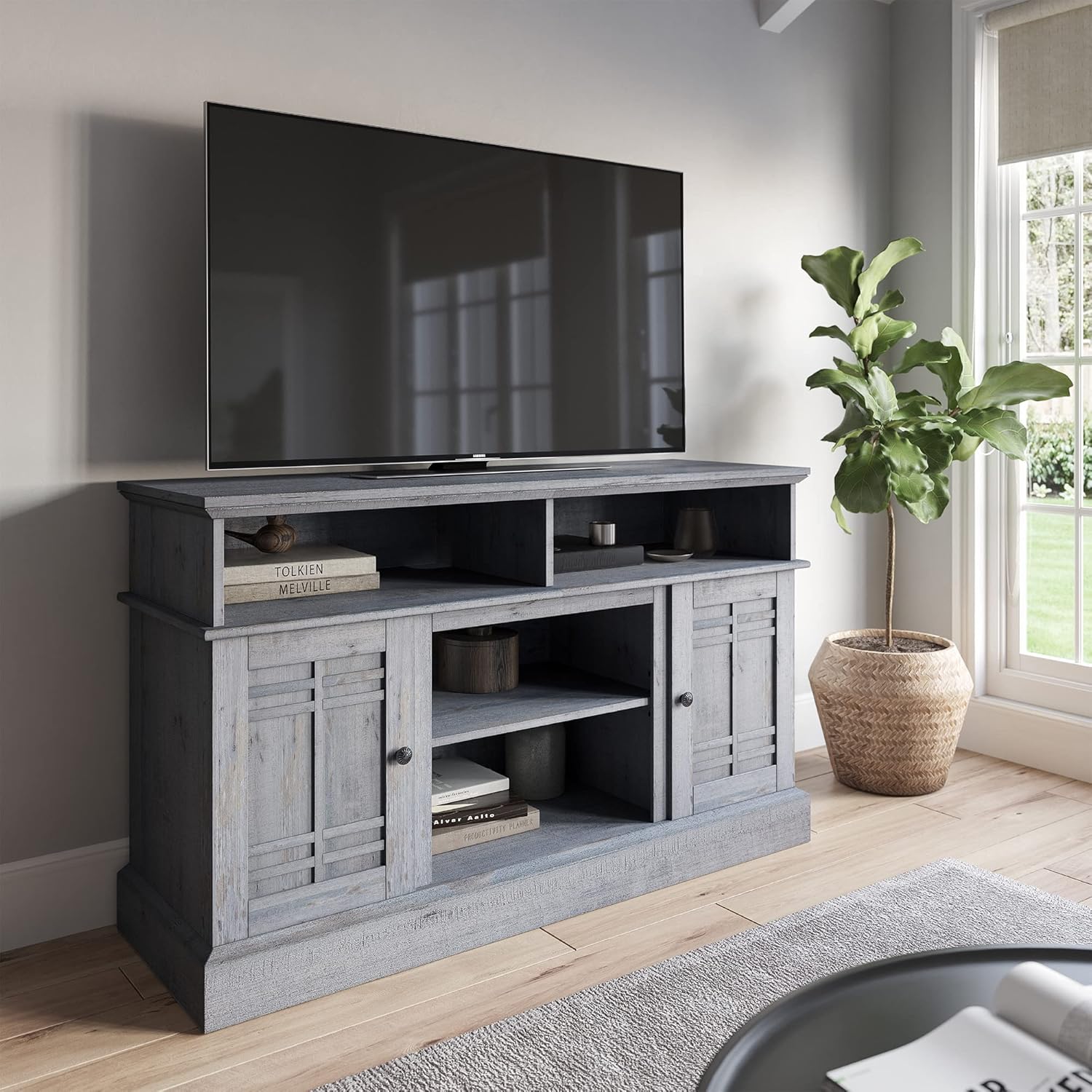 Modern Farmhouse Electric Fireplace TV Stand with Open Storage Shelves & Cabinets J1924