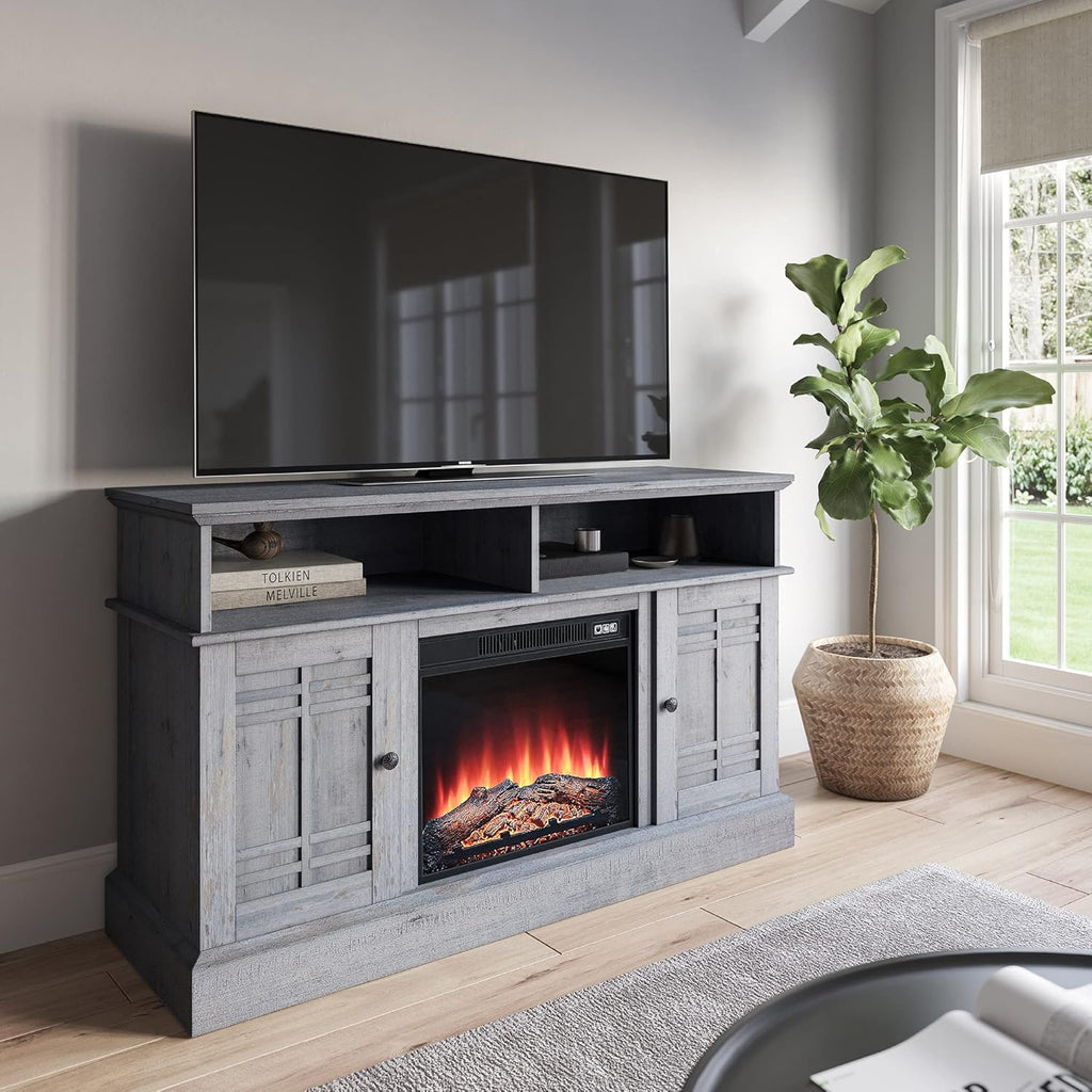 Modern Farmhouse Electric Fireplace TV Stand with Open Storage Shelves & Cabinets J1924