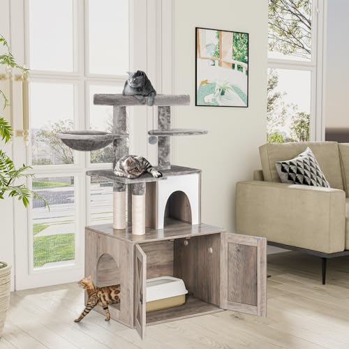 White Wooden Cat Litter Box Enclosure with Cat Tree Tower and Condo I716854