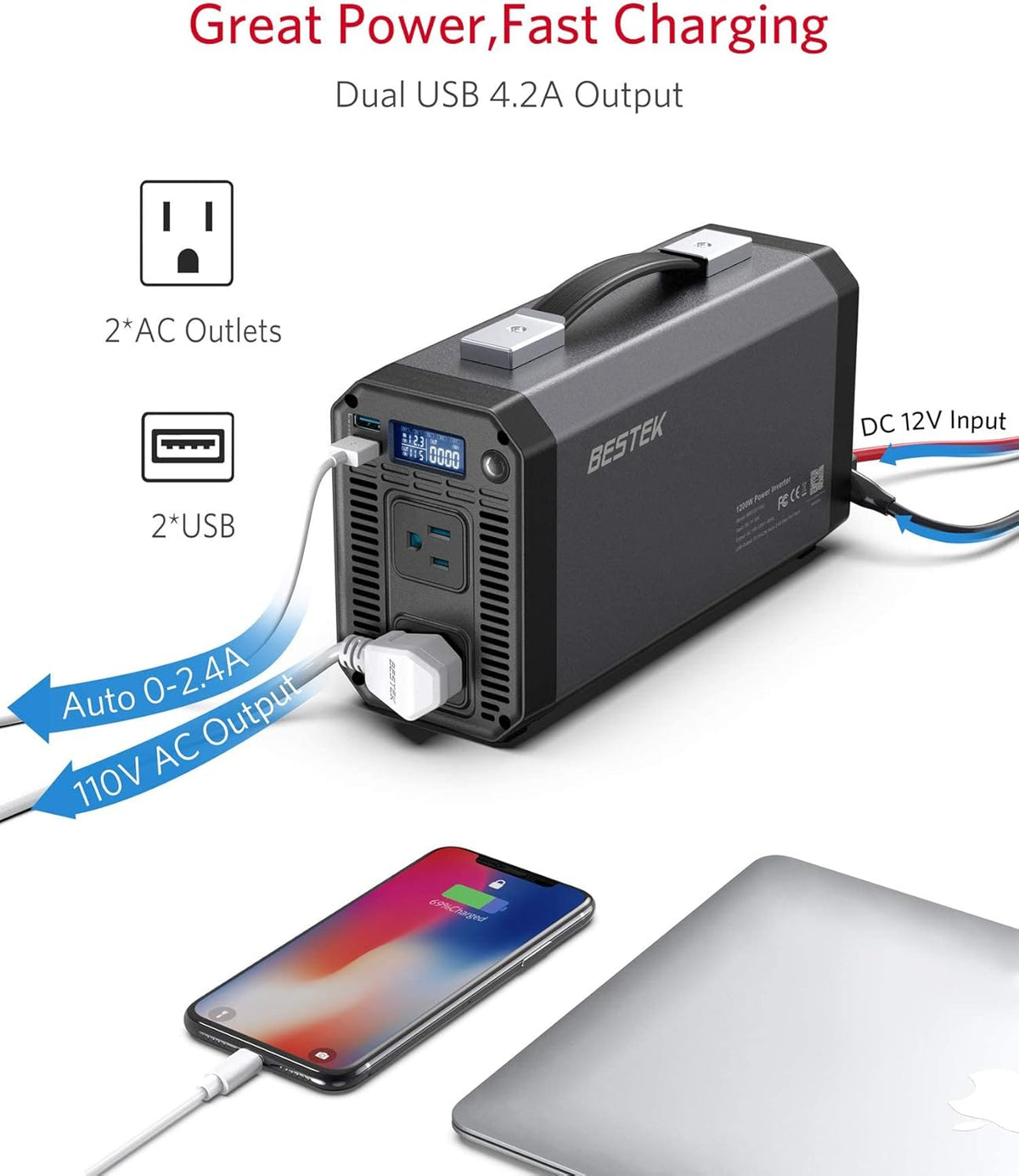 1200W Power Inverter with Digital LCD Display Dual USB Car Charger T7351