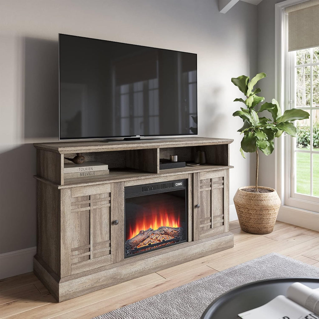 Modern Farmhouse Electric Fireplace TV Stand with Open Storage Shelves & Cabinets J1924