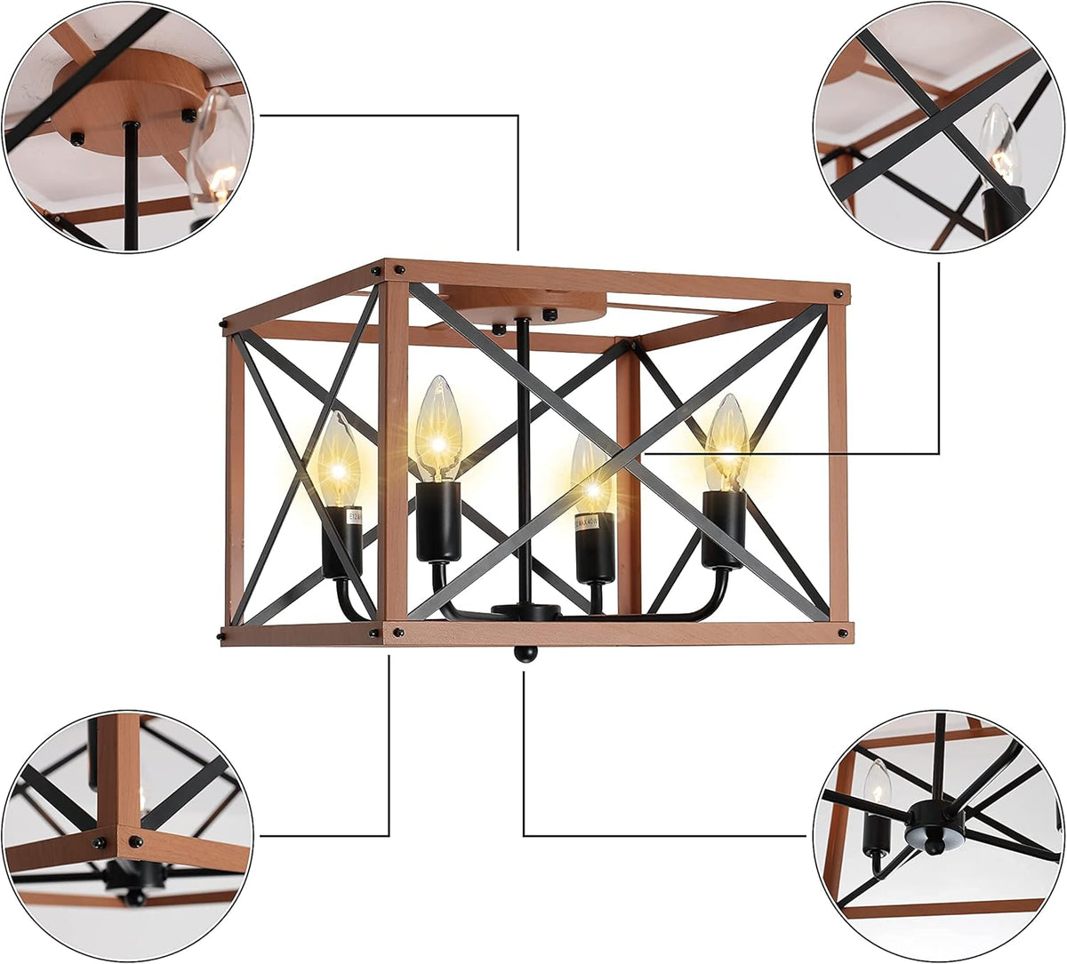 Retro Semi Flush Mount 4-Light Rectangle Wood Ceiling Light Fixture Q7504