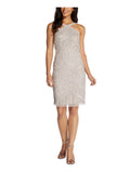 Beige Embellished Fringed Halter Knee Length Cocktail Sheath Dress A474660