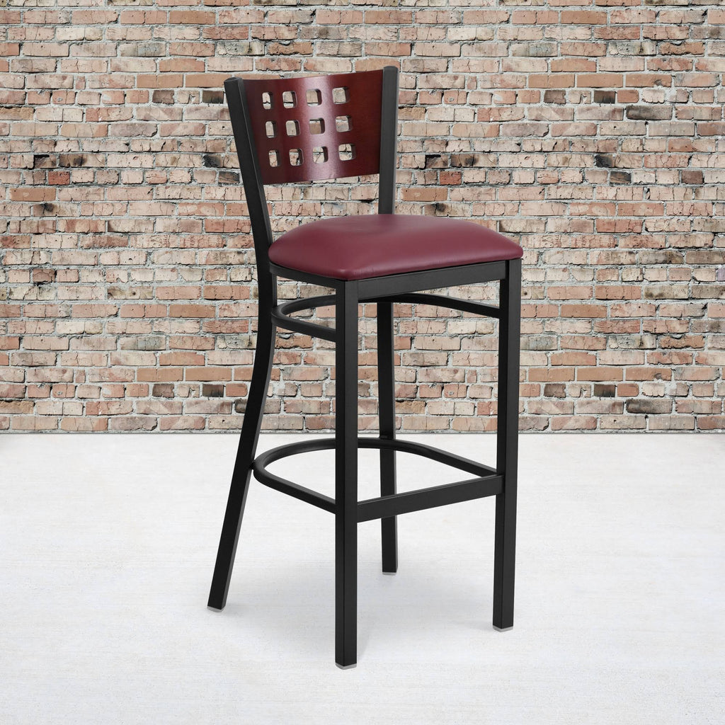Black Cutout Back Metal Restaurant Barstool with Mahogany Wood Back and Burgundy Vinyl Seat Q3213
