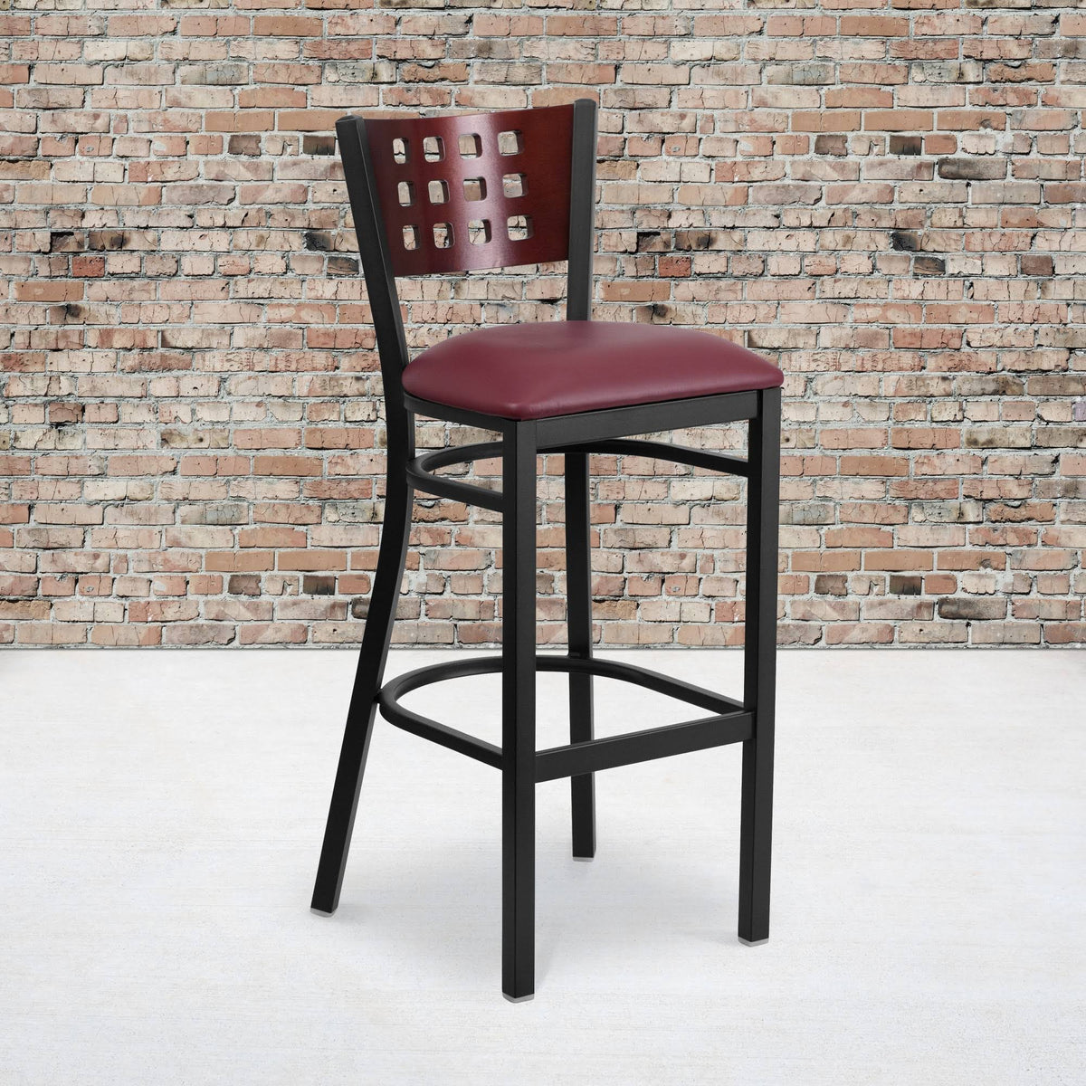 Black Cutout Back Metal Restaurant Barstool with Mahogany Wood Back and Burgundy Vinyl Seat Q3213