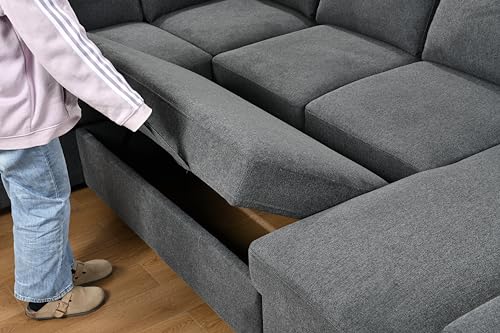 125'' U Shaped 7 Seat Sectional Sofa Couch with Cabinet, Sofa Bed with Storage Chaise and Pull-Out Couch Bed, Light Gray E1200