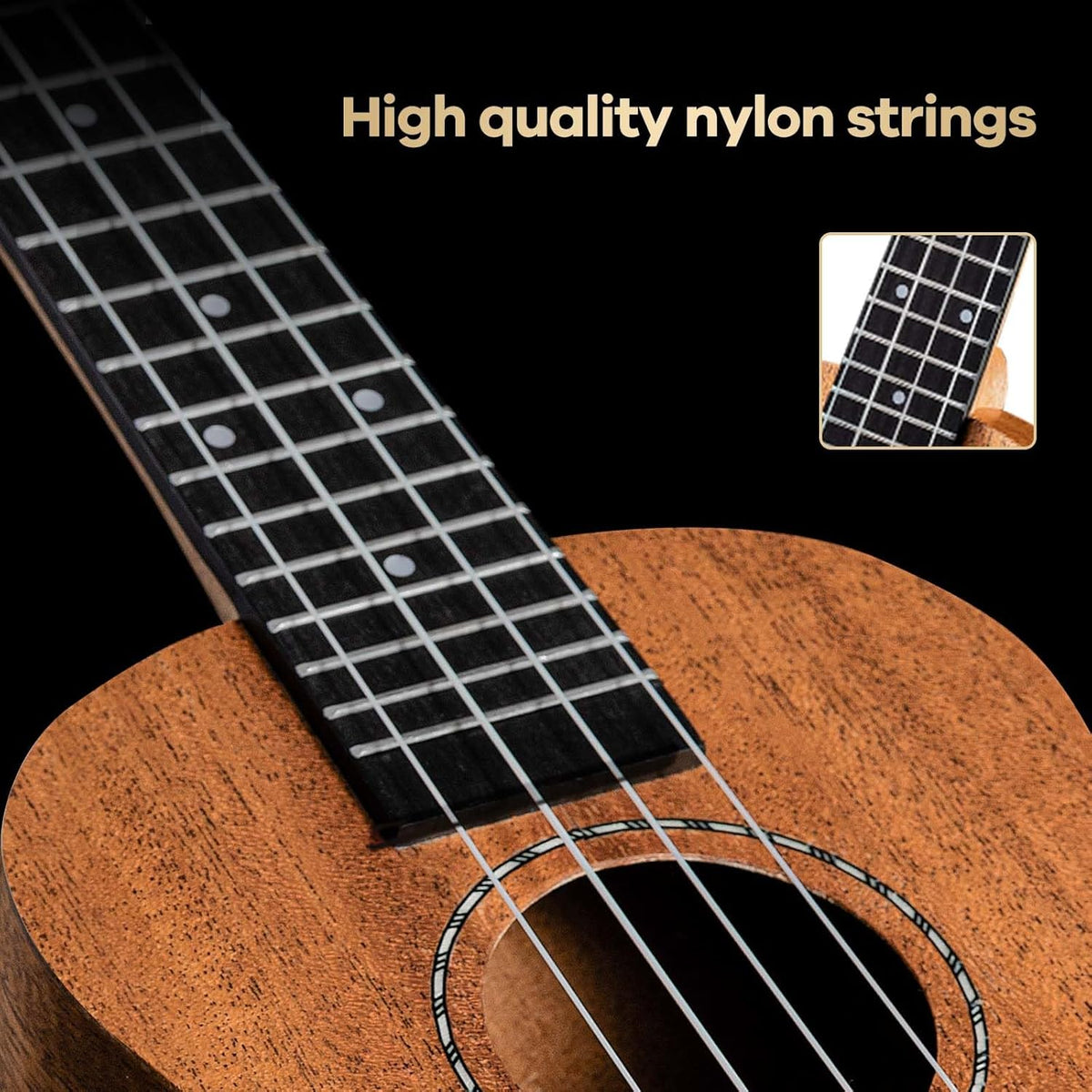 23 Inch Mahogany Soprano Ukulele Kit with Tuner, Capo, Gig Bag, Strap, Picks, Nylon String & Cloth U4844