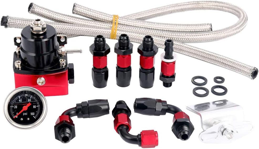 Universal Adjustable Fuel Pressure Regulator Kit with AN6 Hose Fittings 100psi Gauge Black & Red Pack of 2 A6572