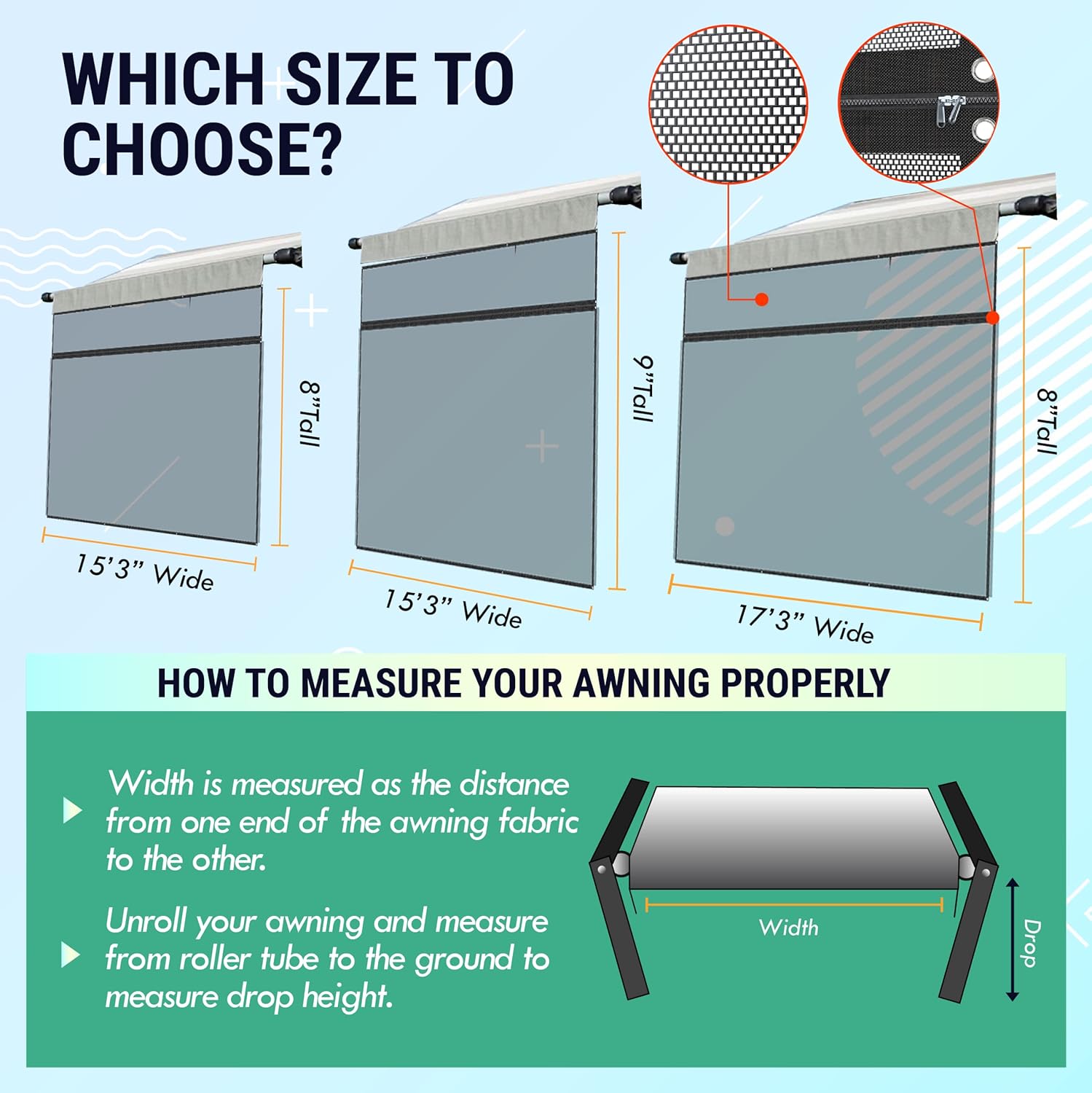 RV Awning Shade Screen 9x15.3’ with Zipper R252346