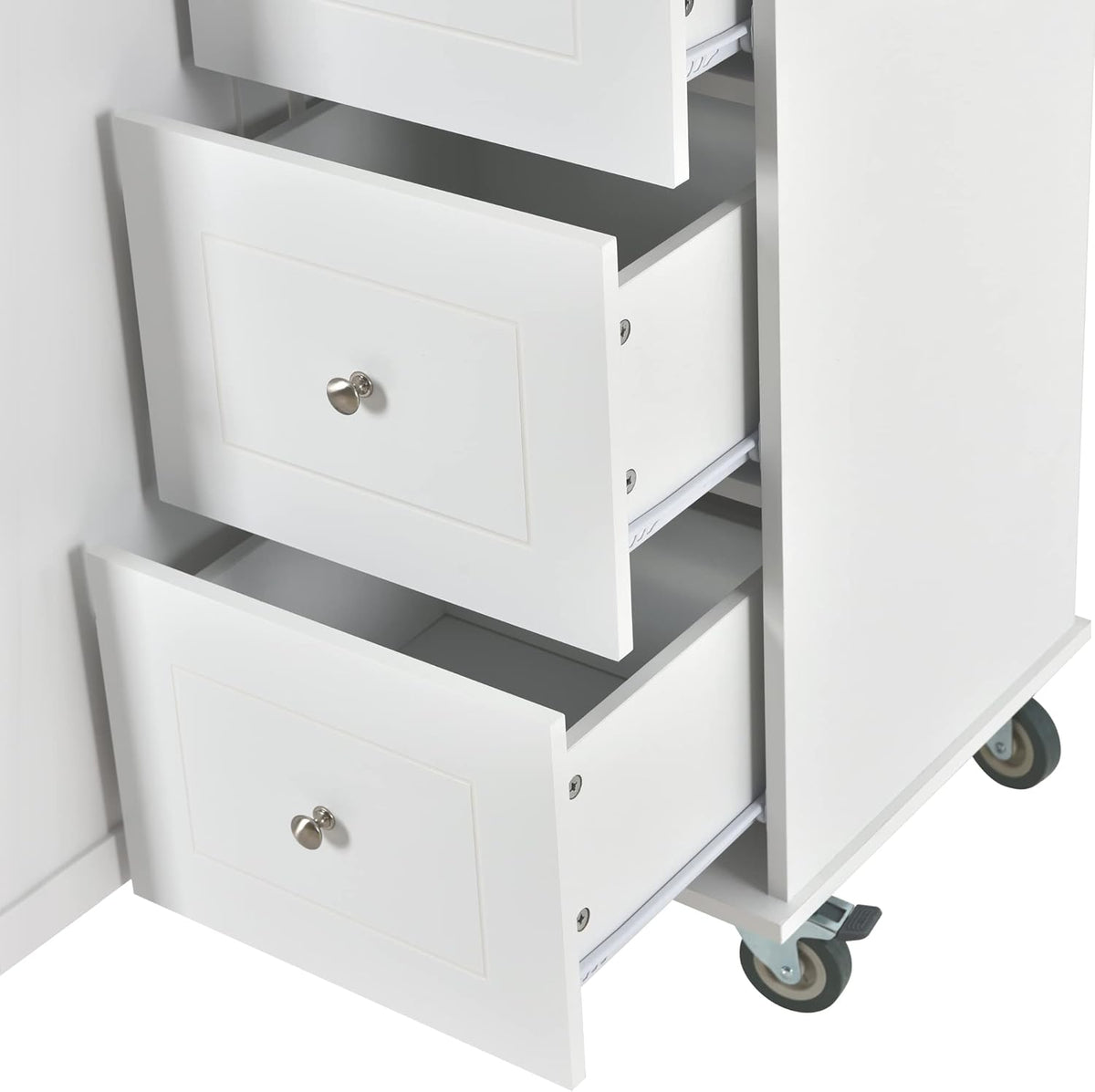 White Kitchen Island with 3 Drawers and Rolling Cart Z635452