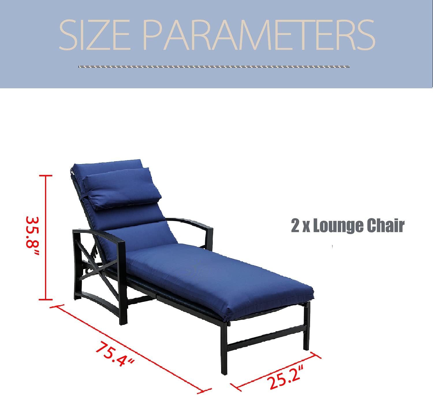 2 Piece Patio Chaise Lounge Chair Set with Cushions, Blue L17798