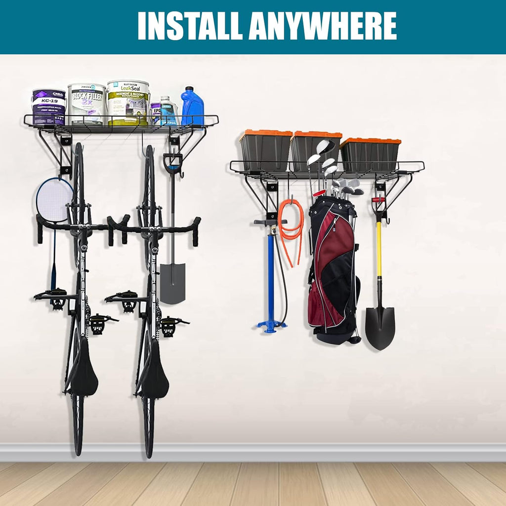 2-Pack Black Garage Wall Shelving with 6 Bike Hooks C639296