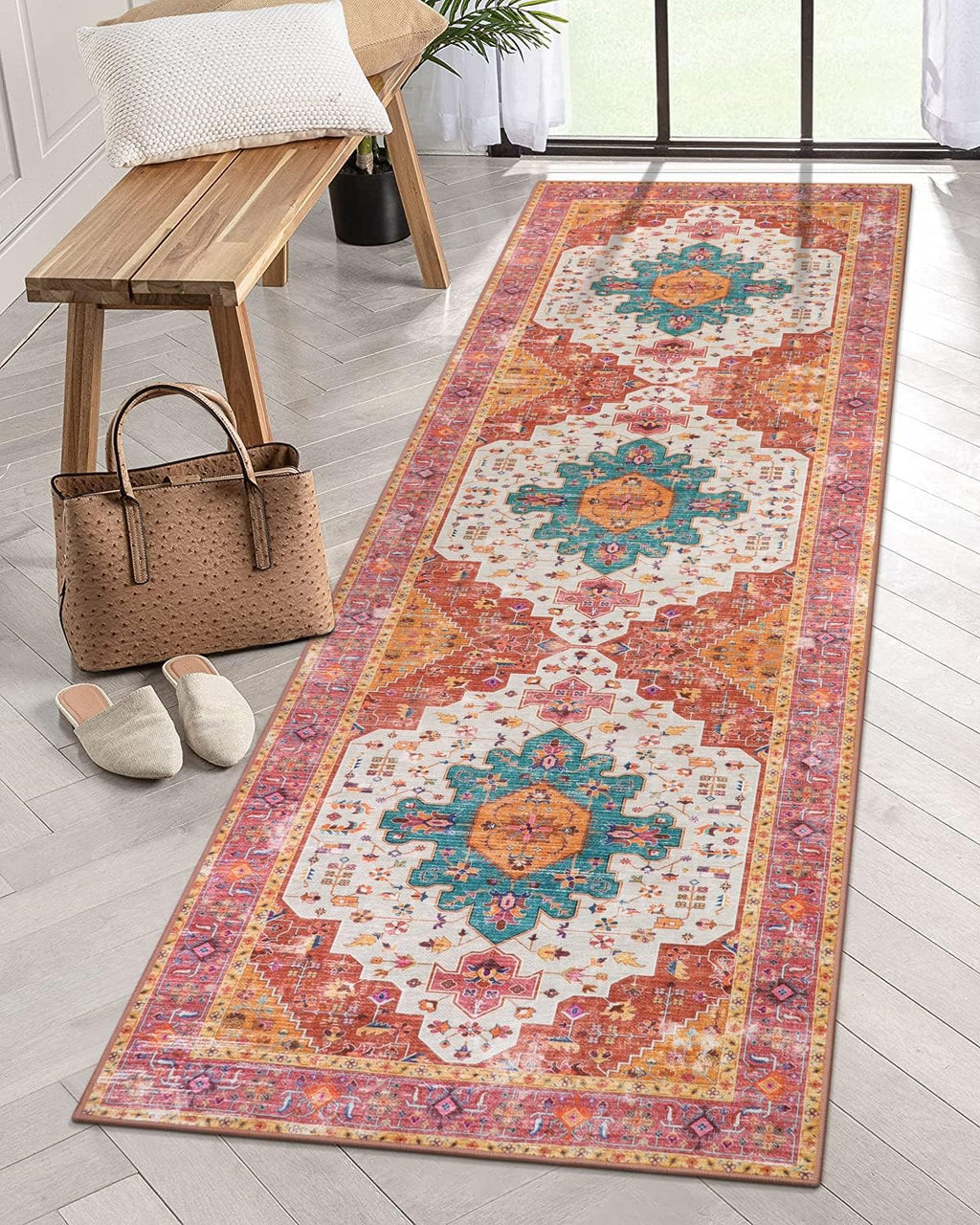 Ultra-Thin Washable Runner Rug - 2x7 Pink Non Skid Low Pile V9938