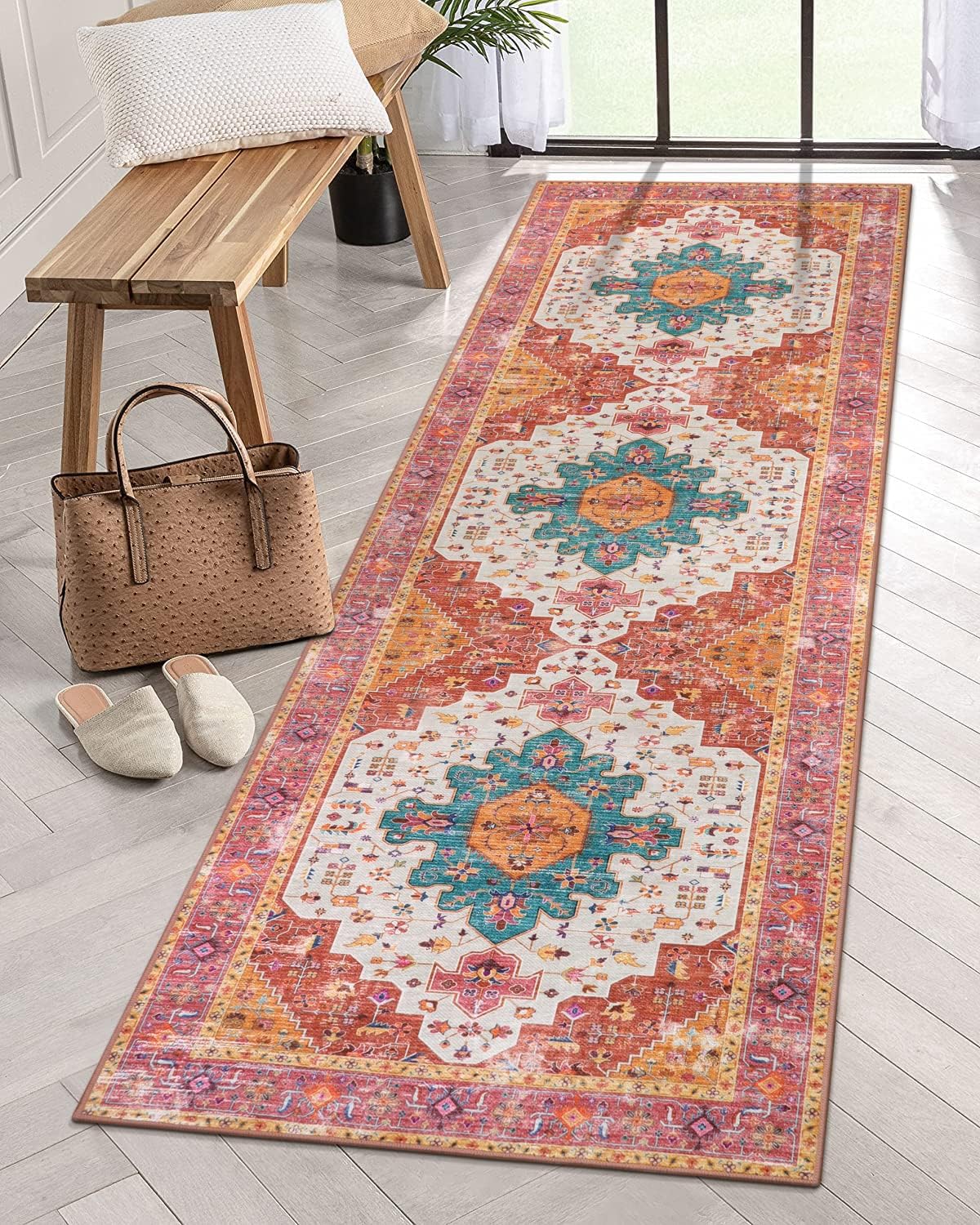 Ultra-Thin Washable Runner Rug - 2x7 Pink Non Skid Low Pile V9938