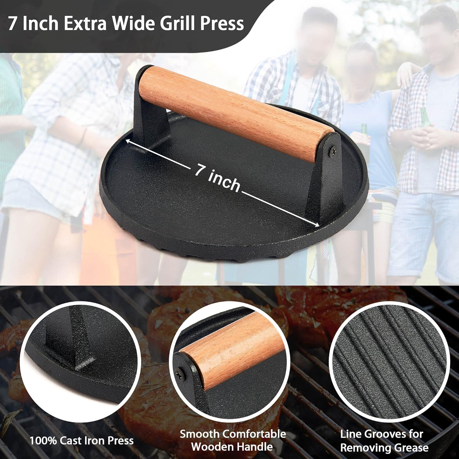 Cast Iron Burger Press Set of 2, 7 Inch Round with Wooden Handle H95003