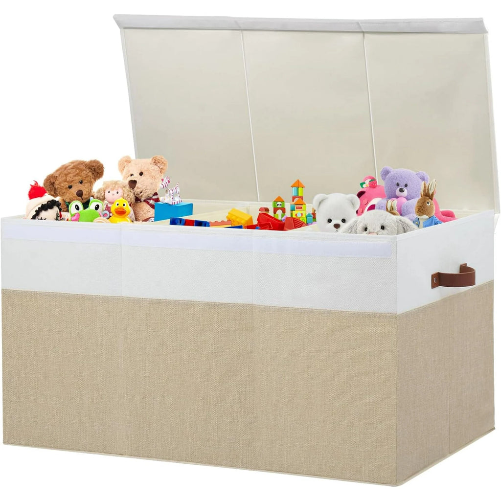 Extra Large Toy Storage Box with Lid, Beige and White U345