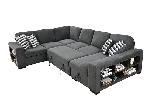 125'' U Shaped 7 Seat Sectional Sofa Couch with Cabinet, Sofa Bed with Storage Chaise and Pull-Out Couch Bed, Light Gray E1200