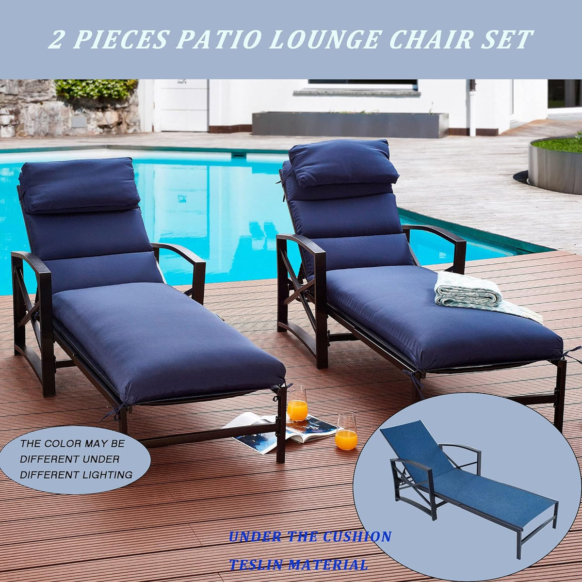 2 Piece Patio Chaise Lounge Chair Set with Cushions, Blue L17798