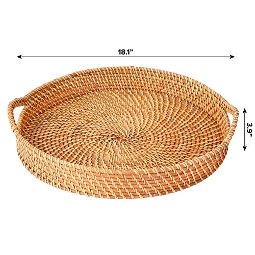Round Wicker Rattan Tray 18 inches Hand Woven Natural Serving Tray with Handles H13058