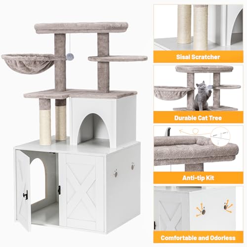 White Wooden Cat Litter Box Enclosure with Cat Tree Tower and Condo I716854