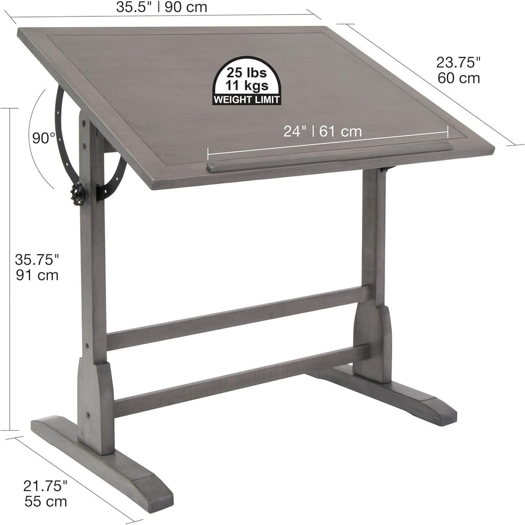 Vintage Drawing Drafting Table with Pencil Ledge - 36" W x 24" D - Slate Gray - Adjustable Tilting Top I803059